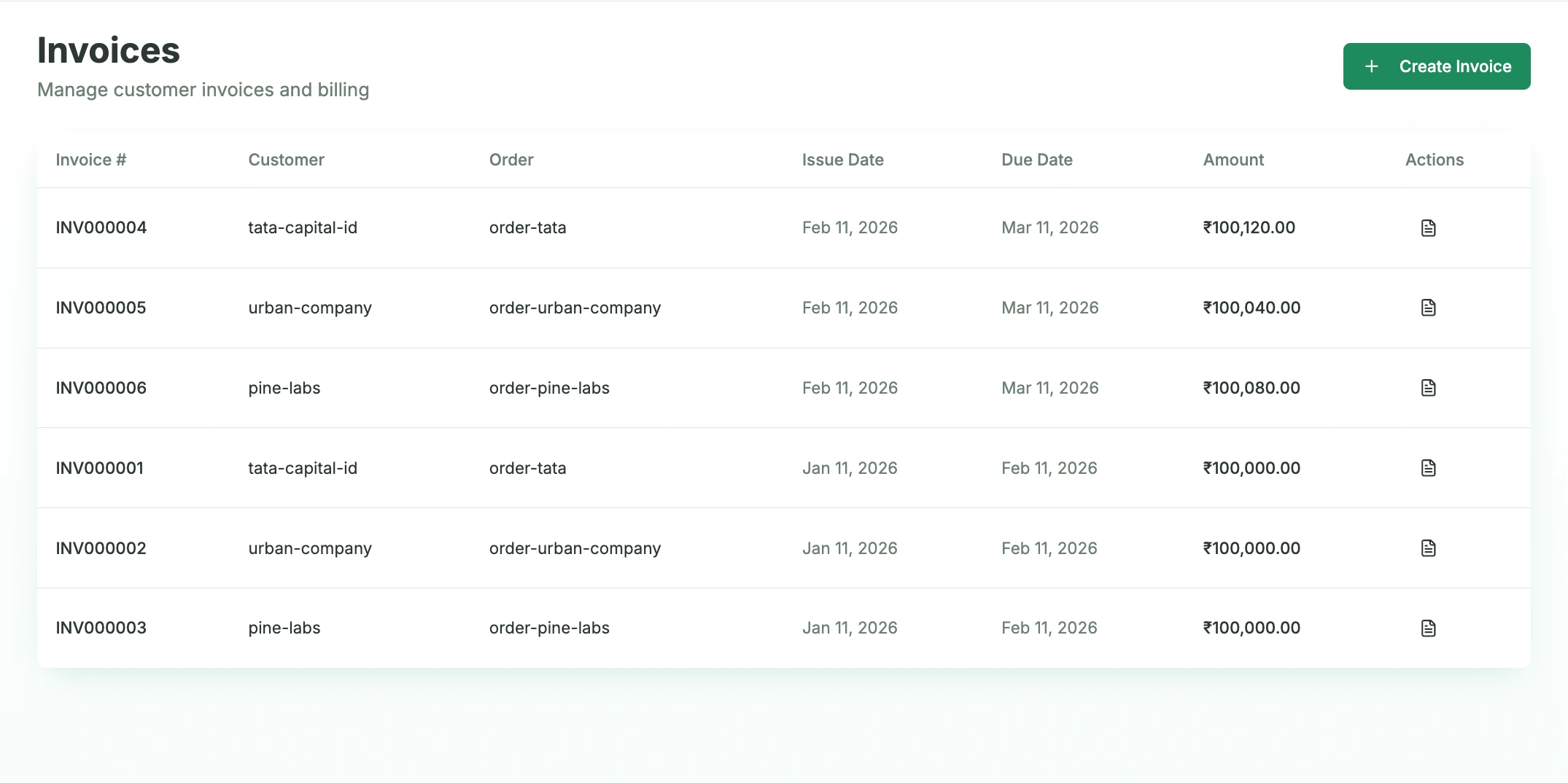 Paygent invoices list showing generated customer invoices